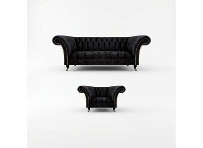 Chesterfield Schwarze Polstermöbel Designer Wohnzimmer Couch Sessel 2tlg