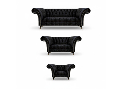 Schwarze Textil Chesterfield Garnitur Edler Dreisitzer Lehnsessel 3tlg