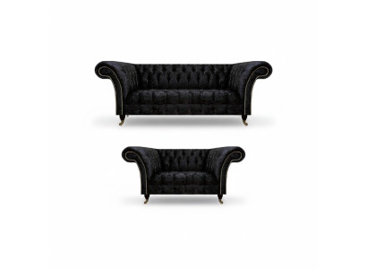 Luxuriöse Chesterfield Schwarze Textil Sitzgarnitur Wohnzimmer Möbel