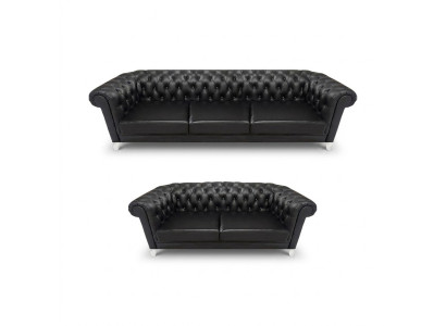 Schwarze Chesterfield Kunstleder Sofas Moderne Wohnzimmer Garnitur 2tlg