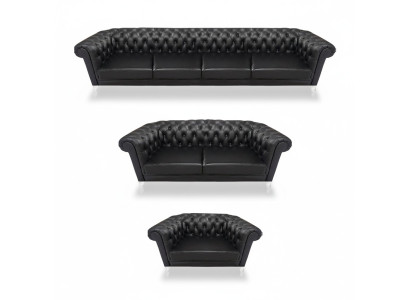 Schwarze Chesterfield Ledergarnitur Designer 4-Sitzer Zweisitzer Sessel
