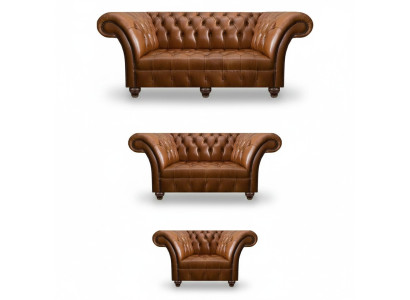 Moderne Chesterfield Ledersofas Designer Lehnsessel Zweisitzer 3tlg Set
