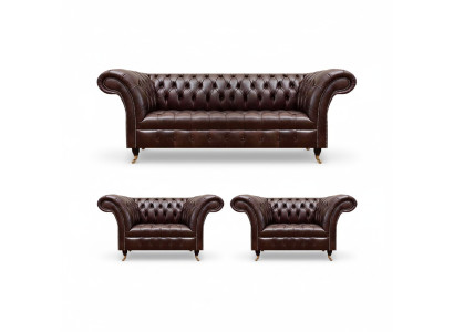 Luxus Braune Chesterfield Ledermöbel Designer Dreisitzer 2x Sessel 3tlg