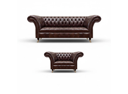 Luxuriöses Braunes Chesterfield Lederset Designer 3-Sitzer Sessel 2tlg