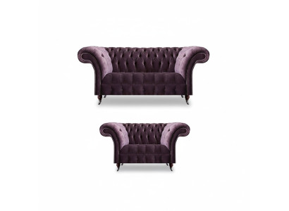 Komplette Lila Chesterfield Sitzgarnitur Textil Dreisitzer 2-Sitzer 2tlg