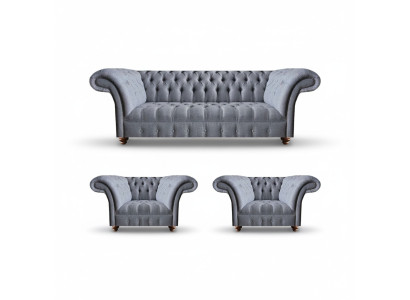 Chesterfield Hellgraue Sofagarnitur Edler Polster Dreisitzer 2x Sessel