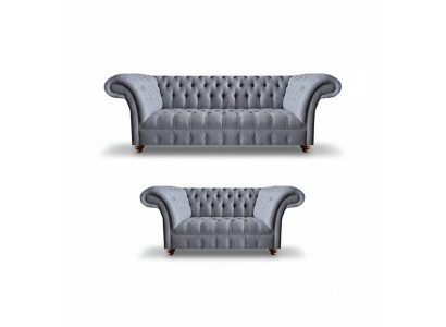 Hellgraue Chesterfield Polstercouchen Designer 3-Sitzer Zweisitzer 2tlg