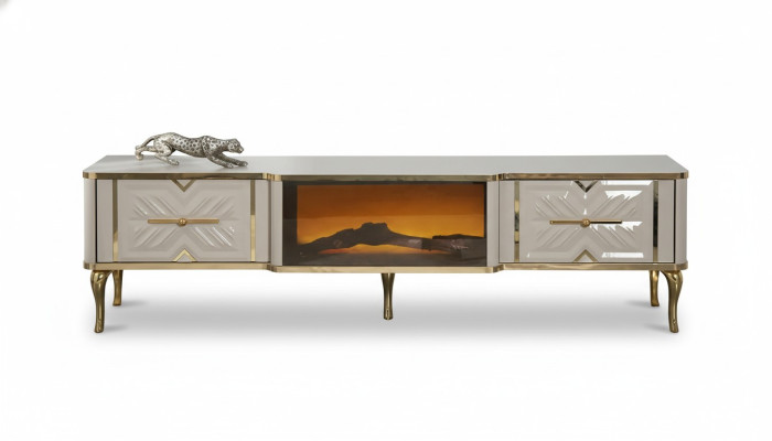 Wohnzimmer Sideboard weiß + gold Kamin Luxus RTV Lowboard Exclusive