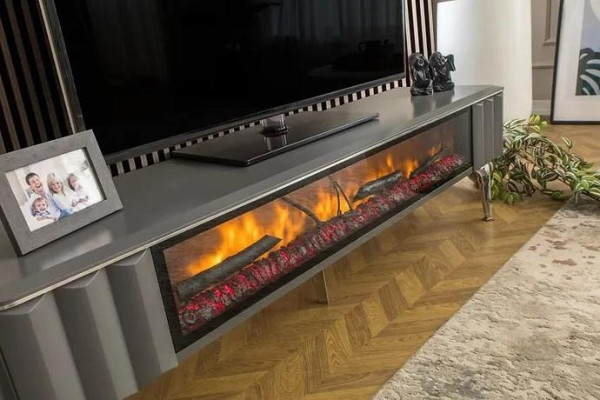 Hochwertiges TV-Sideboard Kamin MDF Metall grau Farbe neu Wohnzimmer