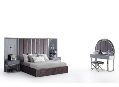 Schlafzimmer Möbel Set Grau Bett Schminktisch Nachttisch Hocker 6tlg.