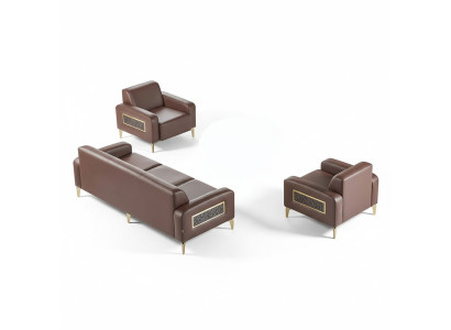Arbeitszimmer-Set 3tlg 3-Sitzer mit 2x Sessel Braun Einfarbig Wohnzimmer