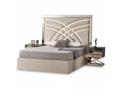 Beige Schlafzimmer Möbel Textilbett Luxuriöse Holz 2x Nachttische 3tlg
