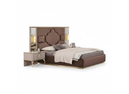 Braun-Beige Exklusive Schlafzimmer Garnitur Doppelbett 2x Nachttische