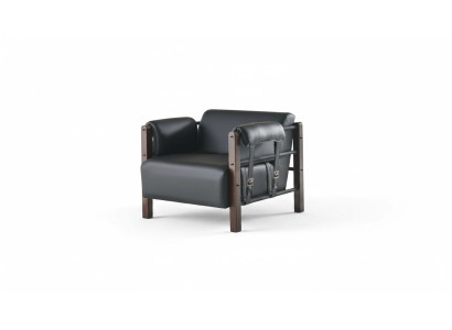 Lehnsessel Schwarz Modern Sessel Holz Leder Weiche Armlehnen 1-Sitzer