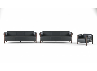 Sofagarnituren Sofa-Set 3-Sitzer Sessel Schwarz Holz Sofas Ledersofas