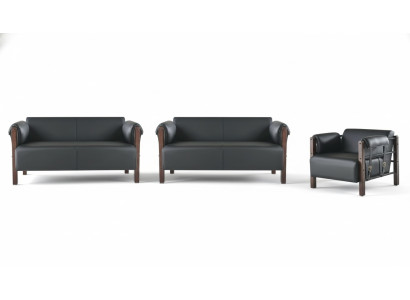 Sofa-Set Sofagarnituren Sofas Leder 2-Sitzer Sessel Schwarz Modern Holz