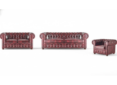 Sitzmöbel Set Bordeaux 3-Sitzer 2-Sitzer Sessel Chesterfield Klassische Möbel