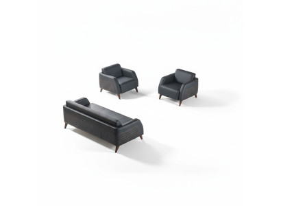 Sitzmöbel 3-Sitzer 2x Sessel Schwarz Lehnsessel Couch Set Modern Leder
