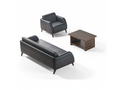 Sofas-Set Ledesofa Schwarz 3-Sitzer Sessel Braun Couchtisch Modern Leder