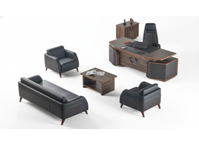 Modern Komplett Arbeitszimmer-Set Schreibtisch Sofas Braun Schwarz Leder