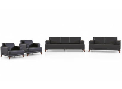 Ledersofas Set 3-Sitzer 2-Sitzer 2x Sessel Schwarz Polster Kissen Holz