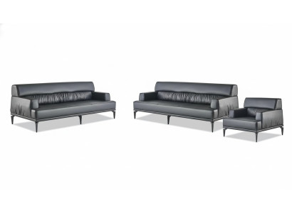 Sofagarnituren Sofa-Set Leder 3-Sitzer Sessel Schwarz Ledersofas Modern