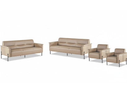 Komplett Sofa-Set 3-Sitzer Sessel Ledersofa Modern Lehnsessel Leder