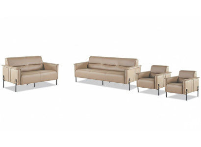 Komplett Modern Sofa-Set 3-Sitzer 2-Sitzer Sessel Beige Ledersofa Holz