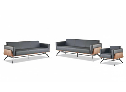 Sofa-Set Sitzmöbel Schwarz Braun 3-Sitzer Sessel Ledersofas Edelstahl Holz