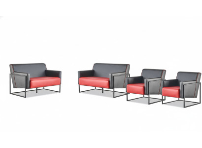 Sofagarnituren Set Schwarz Rot Sofas 2-Sitzer Sessel Lehnsessel Leder