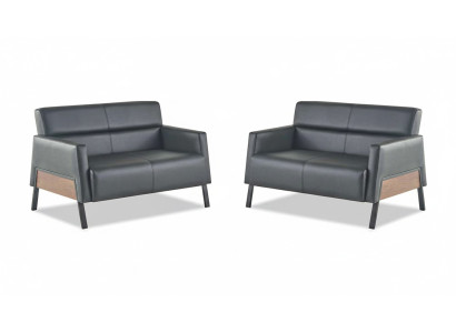 Ledersofas-Set 2-Sitzer Schwarz Couch Modern Leder Edelstahl Holz Weich