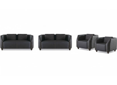 Sofa-Set Ledersofas 2-Sitzer 2x Sessel Schwarz Sitzmöbel Modern Lehnsessel