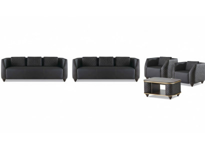 Sitzmöbel 3-Sitzer Sessel Couchtisch Schwarz Braun Leder Ledersofas Set