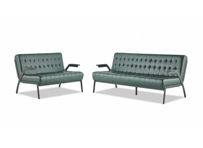 Chesterfield Leder Set 3-Sitzer 2-Sitzer Grün Ledersofas Modern Holz
