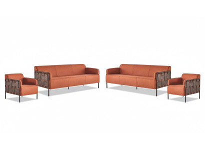 Komplett Sofas 3-Sitzer 2x Sessel Orange Couch Leder Textil Edelstahl