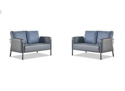 Ledersofa-Set Grau Blau Kissen 2-Sitzer Sofas Modern Polster Textil
