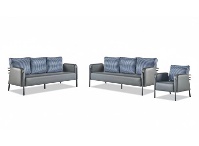Sofa-Set Grau Blau Ledersofa 3-Sitzer Sessel Modern 1-Sitzer Leder Textil