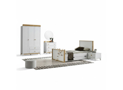 Garnitur Kinderzimmer Jugendbett Bettrahmen Bett Set 4tlg Holz Weiß Schlafzimmer