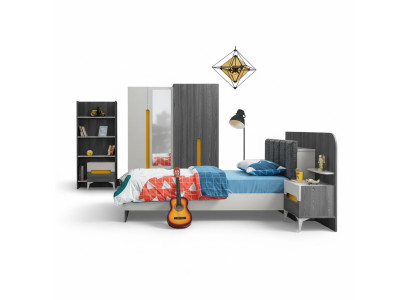 Grau Kinderzimmer Set Kinderbett Nachttisch Kommode Kleiderschrank Buecherregal