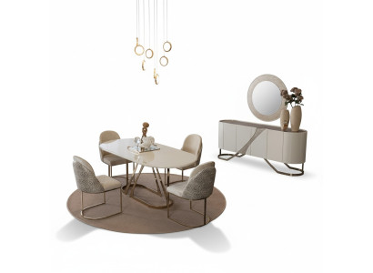 Esszimmer Set Esstisch Küchentisch Stühle Sideboard Spiegel Luxus Gold 7tlg
