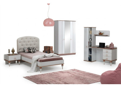 Set Bett Nachttisch Schreibtisch Kleiderschrank Modern Stil Weiß Kinderzimmer