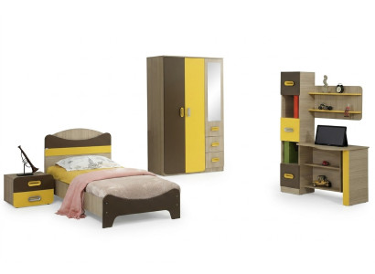 Modernes Set Bett Nachttisch Schreibtisch Gelb Braun Design Akzent Möbel 3tlg.