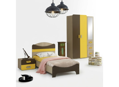 Modernes Set Bett Nachttisch Kleiderschrank Gelb Braun Design Kinderzimmer Möbel