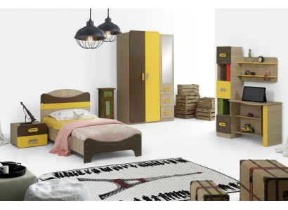 Modernes Set Bett Nachttisch Schreibtisch Kleiderschrank Gelb Braun Kinderzimmer