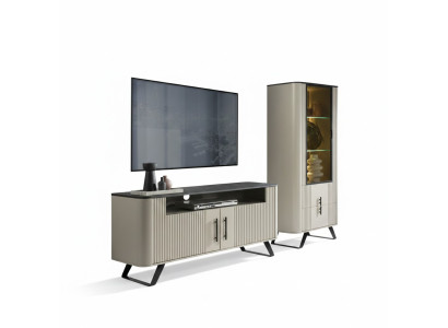 Luxuriöses Modern TV-Lowboard + Vitrine Wohnzimmer Set 2tlg Holzmöbel
