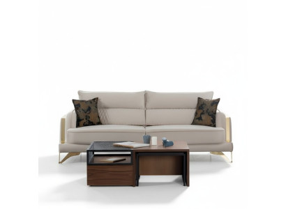 Sofa 3-Sitzer Creme Stoffbezug Goldfüße Elegant Modern Design Wohnzimmerstil