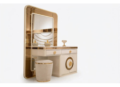 Eleganter Beigefarbener Schminktisch aus Holz mit Spiegel und Hocker