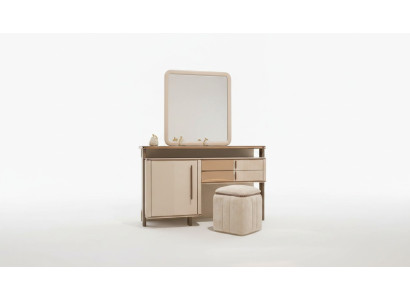 Eleganter Beigefarbener Schminktisch mit Spiegel und Puff aus Holz
