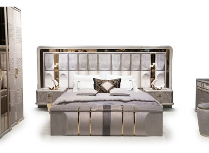 Schlafzimmer-Set aus Holz in Beige mit Bett, Nachttischen und Bank