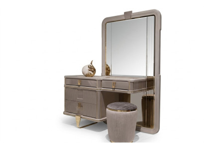 Eleganter grauer Schminktisch mit Spiegel und Hocker aus Holz